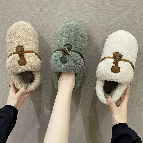 棉拖鞋女冬季时尚毛绒保暖室内家居踩屎感厚底防滑月子鞋包跟棉鞋商品大图