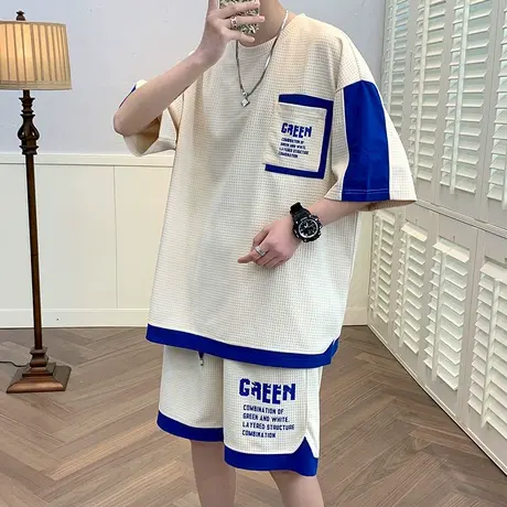 短袖t恤男青少年夏季潮牌华夫格学生衣服搭配帅气休闲运动一套装商品大图