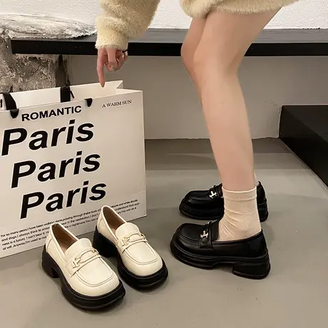 英伦风小皮鞋女2024年春季新款厚底松糕一脚蹬乐福鞋复古白色单鞋商品大图