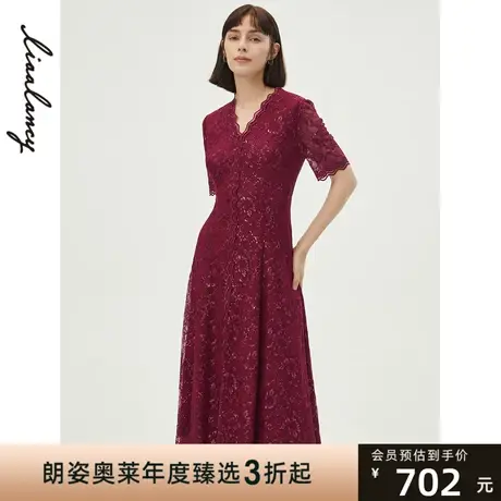 朗姿法式蕾丝刺绣酒红色连衣裙女奥莱商场同款奥莱新战袍早春女装图片