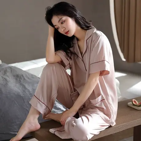 婷美冰丝睡衣女士夏天长袖开衫翻领宽松简约可外穿春夏家居服套装图片