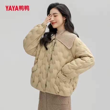 鸭鸭羽绒服女款2023年秋季新品短款毛线大翻领时尚休闲保暖外套C图片