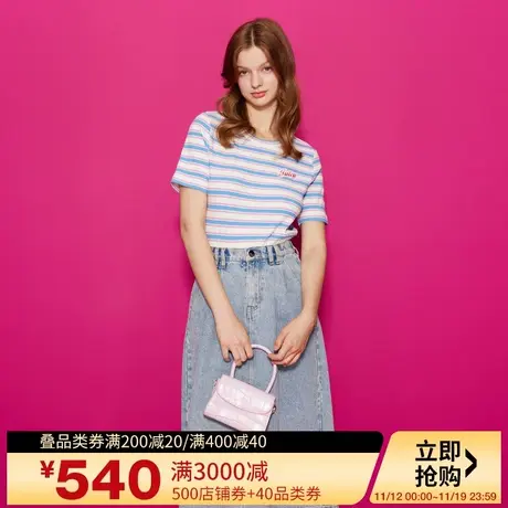 Juicy Couture橘滋2023新款彩虹条纹logo绣章短袖T恤商品大图