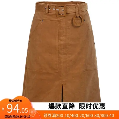 【艾格】2023春季新款下摆开叉半身裙女复古收腰灯芯绒包臀裙官方图片