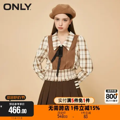 【买5免1】ONLY冬季时尚polo领格纹收腰短款雪纺衫女|122451001商品大图
