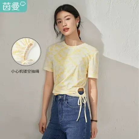 【商场同款】茵曼印花T恤女2023夏季新款小心机抽绳气质显瘦上衣图片