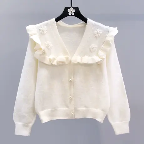 小清新温柔风木耳边钉珠毛衣外套女秋冬2023新款日系洋气针织开衫图片