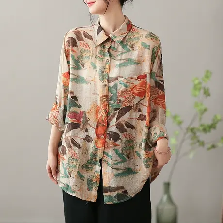 dza 复古全棉长袖衬衫女士2023春夏新款翻领衬衣宽松休闲显瘦上衣图片