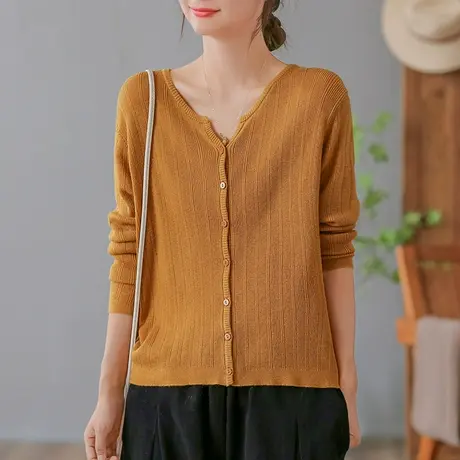 dza 复古宽松V领针织开衫女士外搭上衣春秋短款毛衣外套休闲长袖商品大图