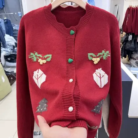 单排扣圆领毛衣针织开衫女2022冬季新款百搭减龄大红色过年外套潮图片