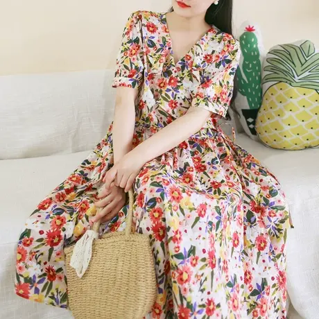 胖妹妹夏季2023新品纯棉印花短袖连衣裙 加大码法式Y领显瘦长裙商品大图