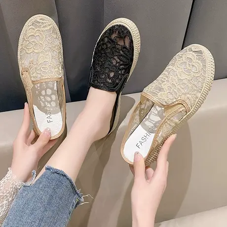 欧货渔夫鞋包头半拖鞋女外穿孕妇懒人一脚蹬蕾丝网纱凉拖夏季女鞋商品大图