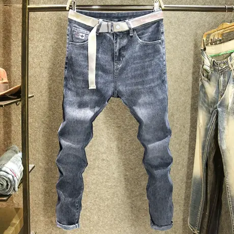 蓝灰色牛仔裤男修身弹力小脚裤2023秋季新款时尚休闲百搭刺绣裤子图片