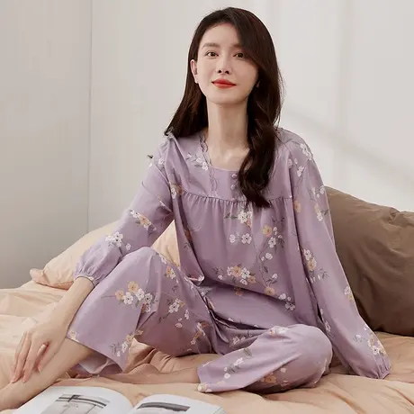 顶瓜瓜家居服女春秋款纯棉浪漫花卉蕾丝领长袖交叠式方领女士套装商品大图
