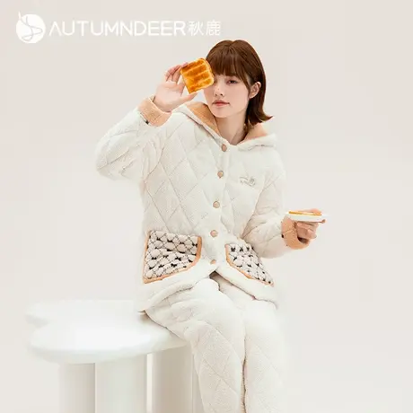 秋鹿睡衣女连帽珊瑚绒三层加厚保暖家居服可外穿蛋糕绒烂花绒夹棉商品大图