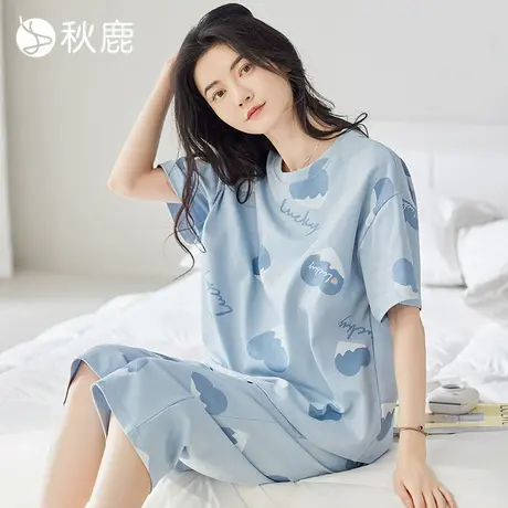 秋鹿【门店新款】夏季纯棉睡衣女可爱短袖七分裤家居服薄款爆款商品大图
