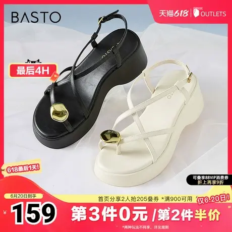 百思图春夏季新款时髦复古休闲罗马凉粗高跟女凉鞋M2035BL4图片