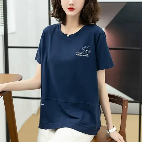 妈妈纯棉夏装短袖t恤女加肥加大码女装宽松中年休闲百搭显瘦体恤商品大图