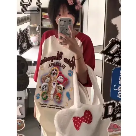 美式复古t恤女纯棉插肩袖宽松大码慵懒风ins潮短袖胖mm显瘦上衣夏商品大图