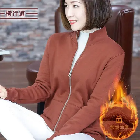 黑色加厚加绒外套女夏立领大码2023中年妈妈长袖拉链休闲宽松上衣商品大图