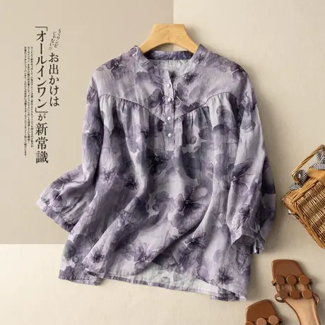 享永子七分袖苎麻碎花衬衫女文艺复古旅行装上衣宽松2023春夏新款商品大图