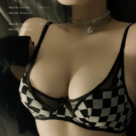 法式纯欲格子内衣大胸显小性感文胸内裤套装超薄款胸罩夏季女士商品大图