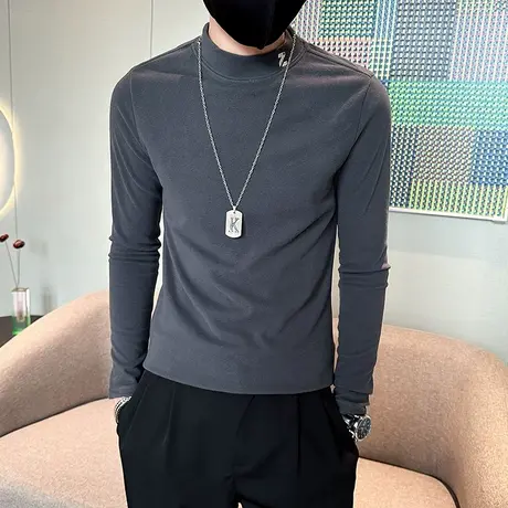 长袖t恤男2023秋季刺绣个性简约ins修身内搭上衣纯色半高领打底衫商品大图