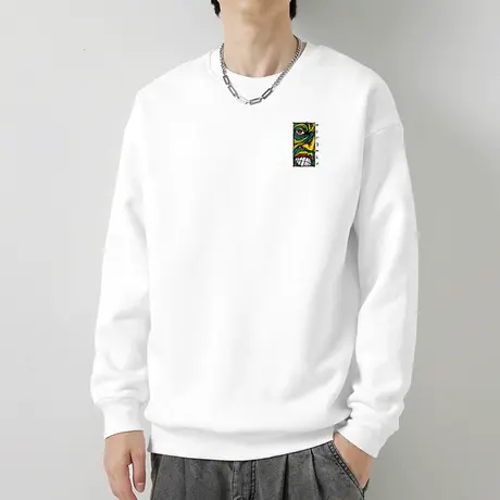 重磅纯棉白色卫衣男2023新款宽松潮流印花摇粒绒圆领无帽长袖t恤商品大图