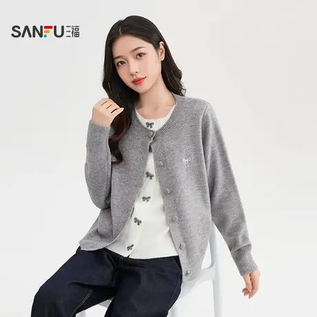 三福毛衣2025秋季蝴蝶结绣花撞色假两件开衫上衣女装505629图片