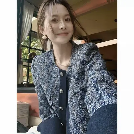 爵莱菲大码胖mm香榭小香外套重工亮丝粗花呢撞色牛仔拼接秋冬新款图片