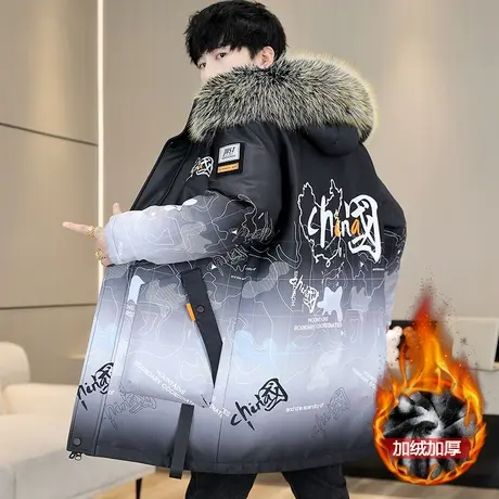 男士羽绒服中长款2023新款加厚保暖派克服潮牌冬装大版加绒外套男图片