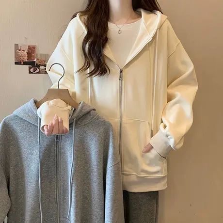拉链开衫卫衣女2023秋季新款宽松显瘦薄款百搭韩版连帽上衣外套潮商品大图