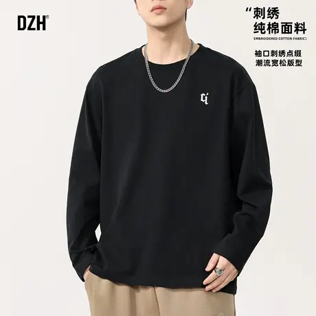 男士黑色纯棉圆领长袖t恤男2025新款秋季打底衫潮牌刺绣上衣内搭商品大图