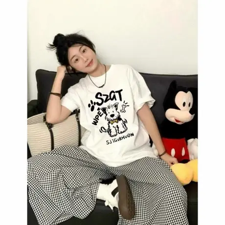 重磅纯棉白色小狗印花短袖t恤女爆款夏宽松慵懒美式落肩半袖上衣图片