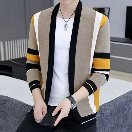 春秋季时尚休闲男士针织衫毛衣外套韩版潮流个性拼色男装线衣夹克商品大图