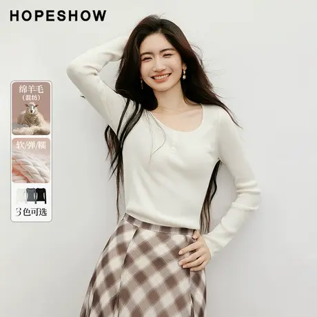 红袖2025秋季新款女装 竖坑条装饰扣正肩长袖圆领套头针织衫商品大图