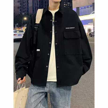 翻领长袖衬衫男士春秋季2025新款纯色潮牌上衣服百搭休闲衬衣外套商品大图