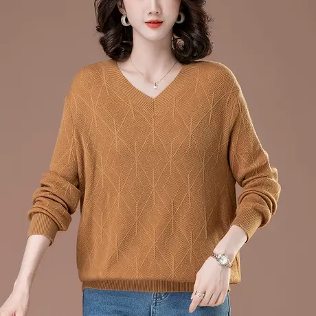 中老年妈妈秋冬季针织打底衫宽松加肥加大码女装休闲遮肚v领毛衣图片