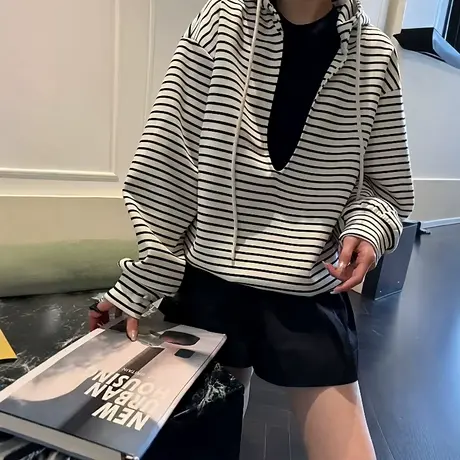 韩系设计感条纹假两件卫衣女2025秋季新款宽松显瘦小个子连帽上衣商品大图