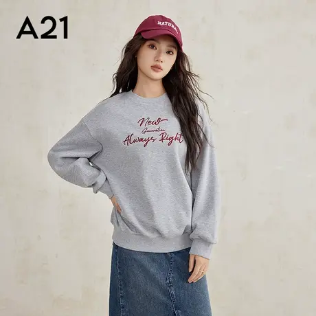A21女装针织宽松圆领落肩套头款绒底卫衣加绒简约印花长袖上衣商品大图
