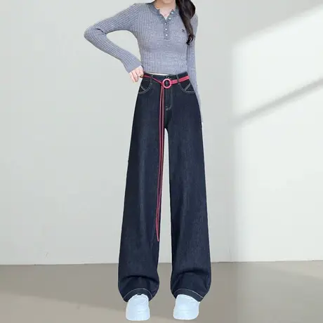 阔腿牛仔裤女2025秋冬季加绒高腰宽松复古窄版直筒显瘦拖地长裤子图片