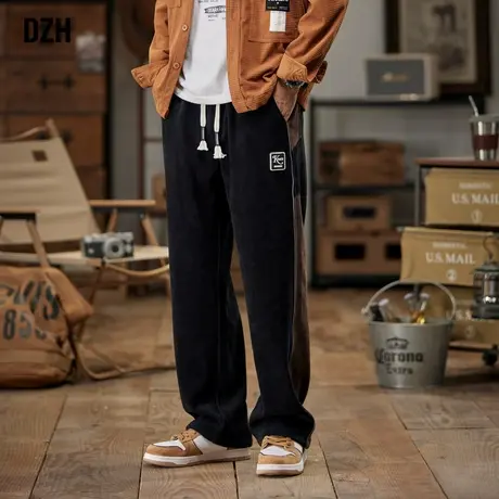 男士拼接黑色灯芯绒裤子男秋款直筒裤垂感高级感男裤2023新款长裤商品大图