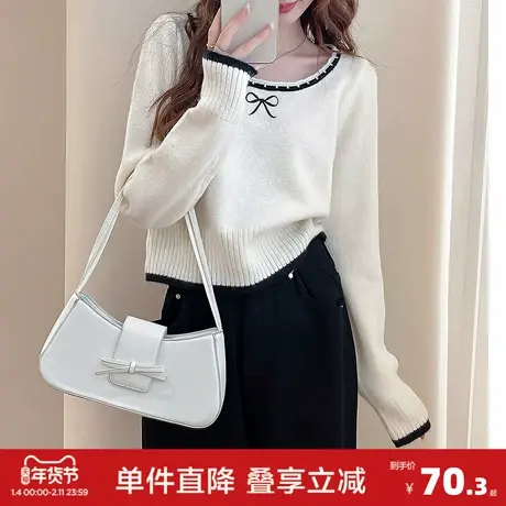 唐狮秋冬季撞色边刺绣蝴蝶结设计套头针织衫女春秋外穿温柔上衣商品大图