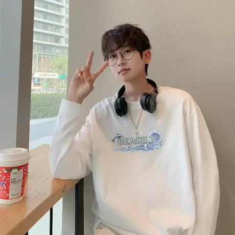 唐狮春秋款男长袖t宽松印花圆领纯棉长袖打底青少年上衣潮TE商品大图