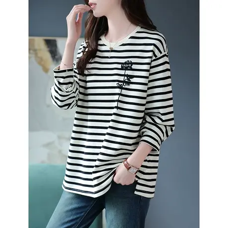 宝诗黎圆领刺绣条纹长袖T恤女棉质宽松上衣打底衫2023新款春秋装商品大图