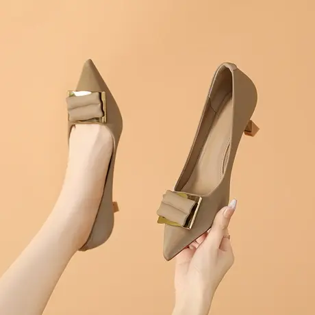 黑色职业高跟鞋女细跟2023秋季新款中跟单鞋软皮不累脚通勤工作鞋商品大图