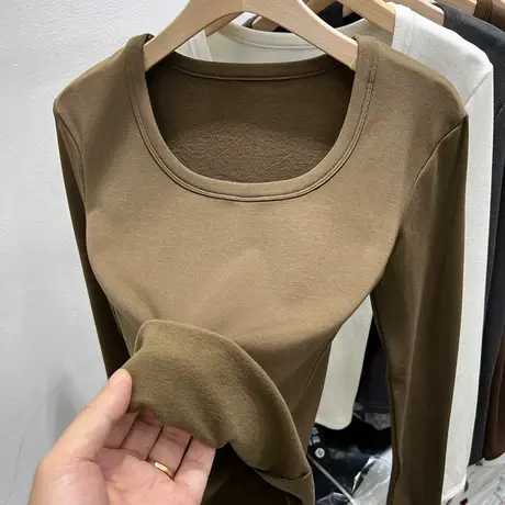 方领露锁骨纯欲长袖T恤女2023秋冬新款加薄绒加厚内搭打底衫上衣商品大图