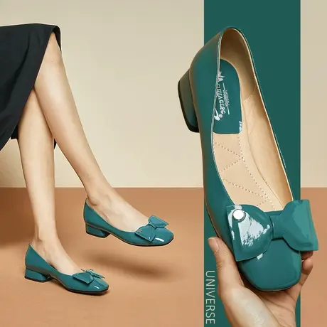 春款鞋年新款单鞋方头浅口时尚蝴蝶结纯色休闲套脚粗跟低跟鞋商品大图