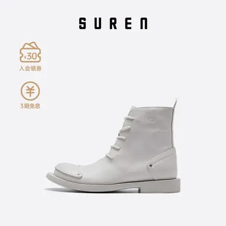素人SUREN 2021春秋新款系带短靴女鞋马丁靴牛皮高帮靴英伦风2036图片