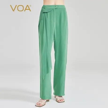 VOA云杉绿30姆米重磅砂洗真丝自然腰侧口袋不对称装饰真丝阔腿裤图片